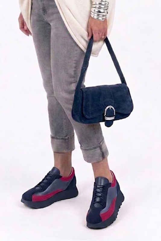 Women's navy blue, indigo and fuchsia dress sneakers with round toe and chunky rubber lug sole - Worn view